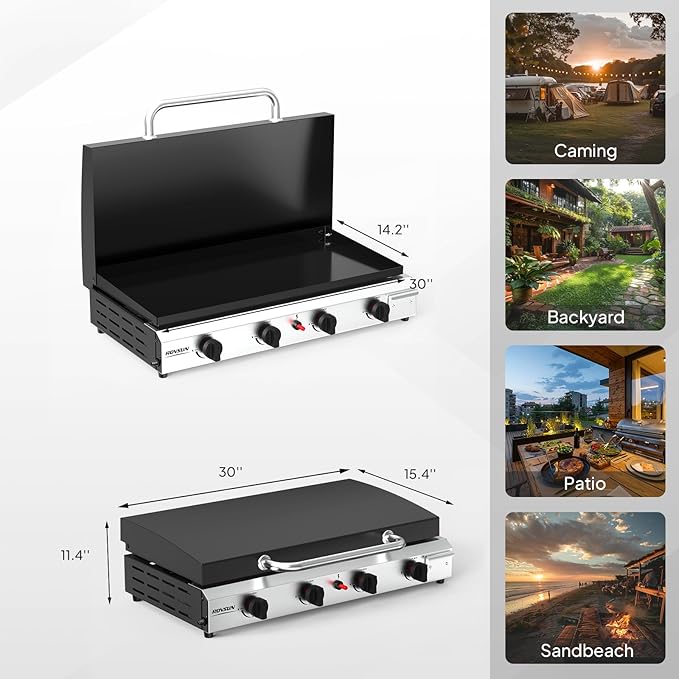 ROVSUN 4 Burner Portable Propane Griddle with Enameled Tray & Lid, 40,000 BTU Tabletop Flat Top Gas Grill with Electronic Ignition & Regulator for Outdoor Cooking Camping BBQ Tailgating