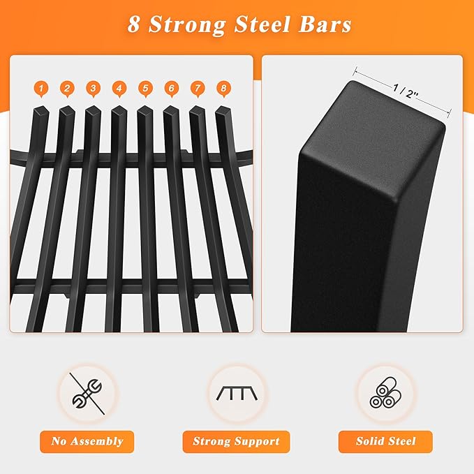 Fireplace Grate 24 Inch with 8 Support Legs, Solid Steel Heavy Duty Fireplace Log Holder with Fire Log Tongs & Fire Poker, Fireplace Log Grate for Indoor Fireplace and Outdoor In-ground Firepit