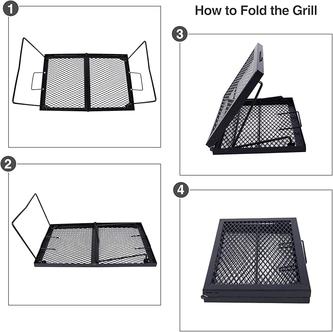 Large Folding Campfire Grill Grate, Portable Heavy Duty Steel Over Fire Camp Grill for Outdoor Camping Cooking Fire Pit, Black Folded in Half, 23.6"x15.7"