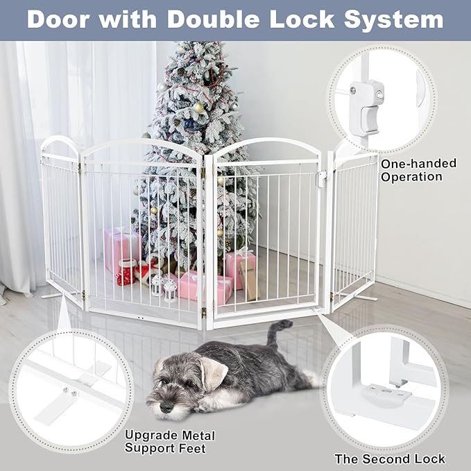 Full Metal Free Standing Dog Gate with Door for Outdoor Indoor,96'' Extra Wide 36'' Tall Dog Gates for Doorways,Large Openings,Decks,Porch,Freestanding Portable Pet Fence(4 Panels,White)