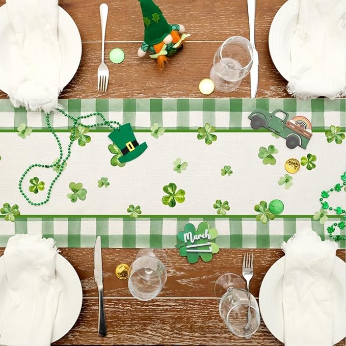 GEEORY St. Patrick's Day Table Runner 13 x 72 Inch, Shamrocks Plaid Mason Jar Decorative Holiday Table Decoration for Kitchen Dinning, Indoor Outdoor Dinner Party Décor GT142-72