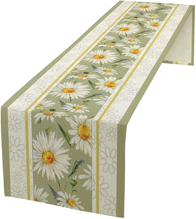Daisy Flower Table Runner, Summer Watercolor Plants Floral Spring Garden Table Cover for Farmhouse Kitchen Dining Room Party Picnic Table Decor, 13x90inch