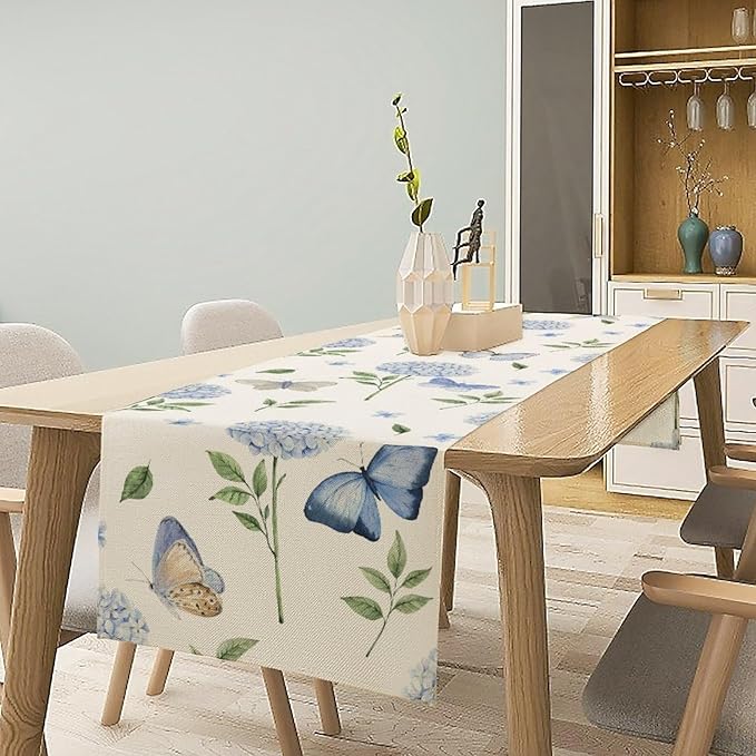 Hydrangea Butterfly Table Runner, Seasonal Spring Summer Table Runner for Holiday Kitchen Dining Home Party Outdoor 13x90in