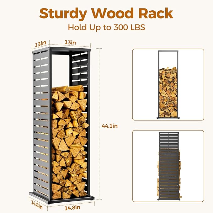 4ft Firewood Rack with Parallel Louver Pattern, Fire Wood Holder Log Storage Rack with Hooks Adjustable Feet, Firewood Stacker for Outdoor Indoor Pergola Gazebo Patio Balcony Black