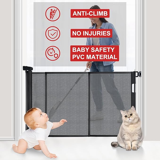 71 inches Extra Wide Retractable Baby Gate, 34 inches Tall Pet Gate for Stairs, Hallways, Kitchens, Safety Mesh Barrier for Kids and Dogs, Indoor Outdoor Use, Black