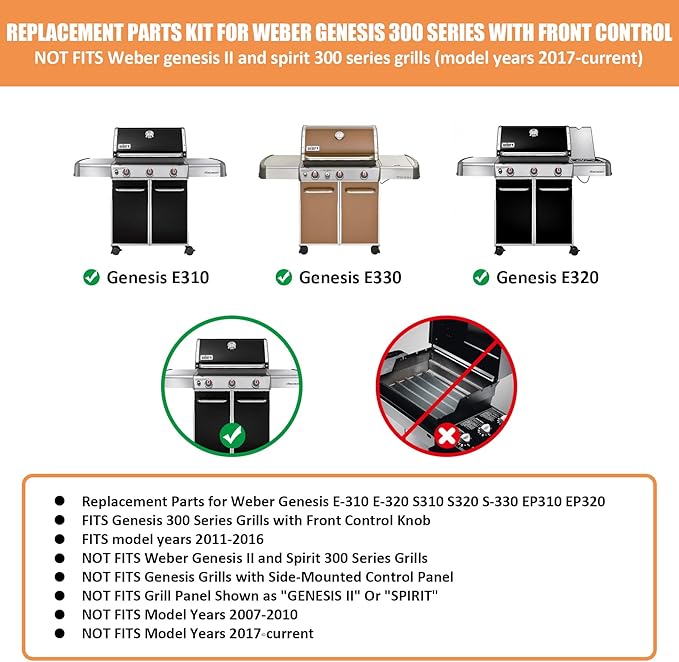 AJinTeby Grill Parts for Weber Genesis 300 Series Grill E310 E320 S310 S320 S330 EP310 w/Front Control, Burners 62752 7620 7621 Flavorizer Bars 65505 Heat Deflectors, Weber Genesis Replacement Parts