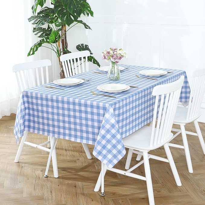 Romanstile Rectangle Vinyl Tablecloth, 100% Waterproof Buffalo Gingham Plastic Table Cloth, Heavy Duty Wipeable Checkered Table Covers for Outdoor, Camping, Picnic, Patio - 60 x 84, Light Blue