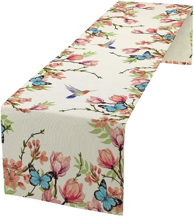 Spring Flower Table Runner, Seasonal Rustic Garden Flowers Bird Butterfly Print Table Runner for Home Kitchen Table Decor, 13x70inch
