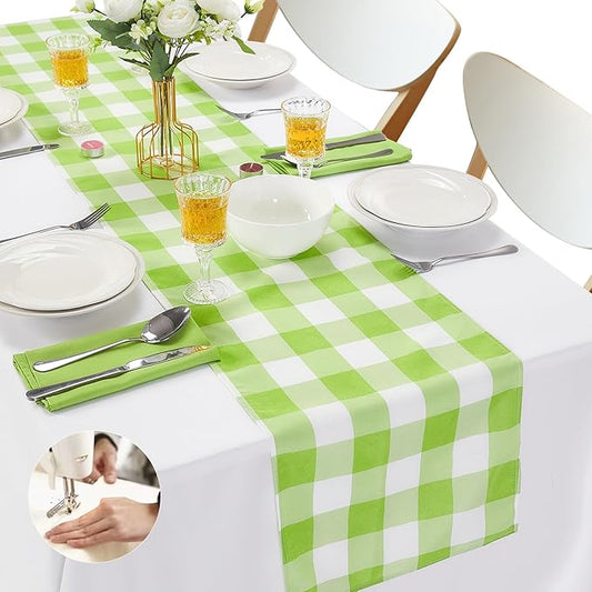 Fabric Checkered Table Runner 6 Pack Waterproof Gingham Table Runner 14W x 108L Buffalo Check Table Runners for Parties Kitchen Dining Wedding Banquet (Emerald and White)