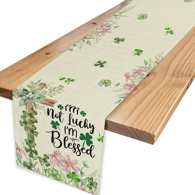 Cross Clover Table Runner,Rustic Beige Pink Floral Green Shamrock St.Patrick's Day Table Center Decor for Home Kitchen Dining Patio Holiday Party Indoor Decorations, 13"x36"