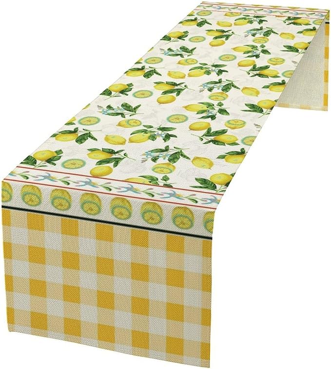 Lemon Buffalo Plaid Table Runner,Rustic Farm Fruit Aesthetic Country Farmhouse Dining Table Decoration for Home Holiday Party Dresser Kitchen Cabin Restaurant Wedding Decor 13×70in