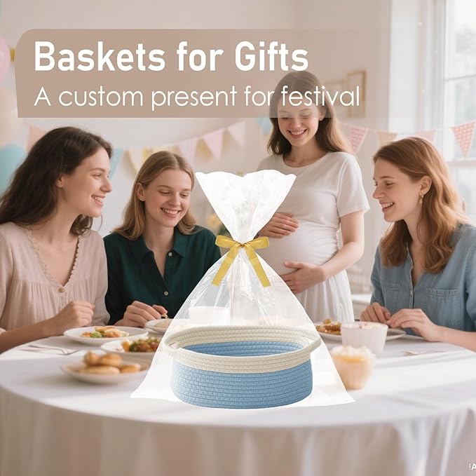 Woven Basket,Small Rope Storage Bin with Handles & Ribbon Bag, Organizer for Shelves Closets,Gift Basket Empty for Birthday,Books,Dog Toys, White&Blue/3 Pack