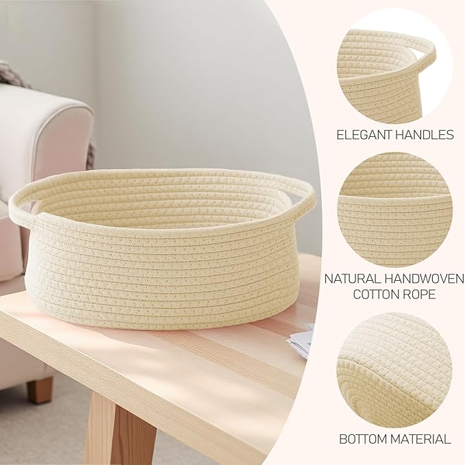 Woven Basket,Small Rope Storage Bin with Handles & Ribbon Bag, Organizer for Shelves Closets,Gift Basket Empty for Birthday,Books,Dog Toys,Beige/3 Pack