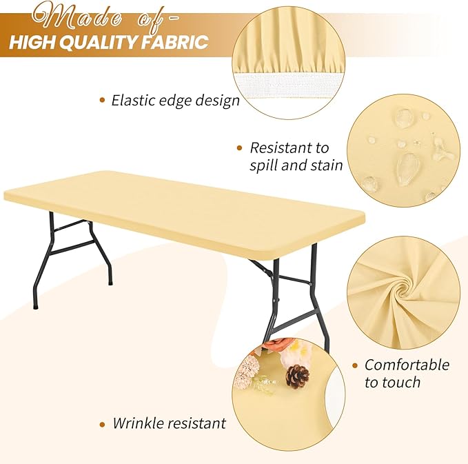 6 Pack Stretch Fabric Table Top Cap Cover, Beige Table Covers fits 8Ft Tables, Washable Elastic Universal Rectangle Tablecloth Protector for Indoor Outdoor Party Picnic Wedding (30" W x 96" L)