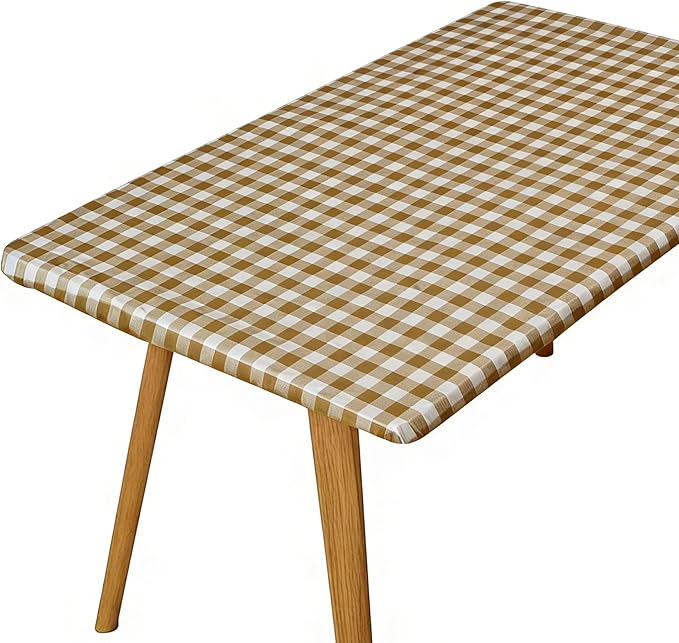 Rectangle Picnic Table Cloth, Elastic Waterproof Fitted Vinyl Tablecloths for 8 Foot Tables, Wipeable Flannel Backed Table Covers for Dining, Camping, Outdoor(Khaki Plaid,30"x96")