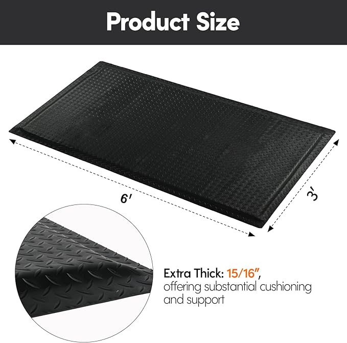 Nisorpa Anti Fatigue Mats Industrial 3' x 6' Ergonomic Standing Mat 15/16" Extra Thick Kitchen Mat for Standing Heavy Duty Commercial Diamond Plate Border Safety Support for Leg & Back Pain, Black