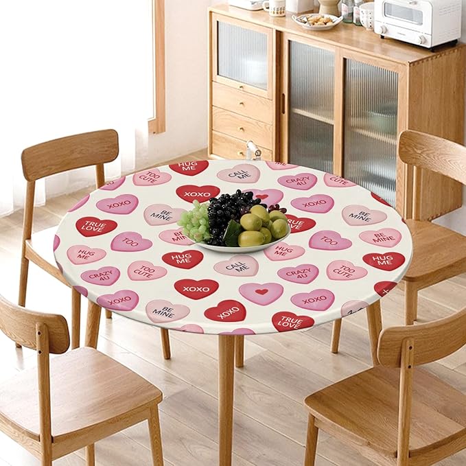 Valentines Day Round Fitted Tablecloth with Elastic Pink Red Love Hearts Circle Table Cloth for 40-44" Round Tables Wipeable Waterproof Valentines Decorative Table Cover for Picnic Dining Party Decor