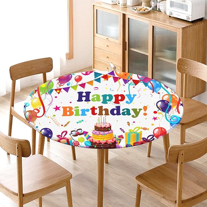 Birthday Round Fitted Tablecloth with Elastic Colorful Happy Birthday Party Circle Table Cover for 40-44" Round Tables Wipeable Waterproof Cake Balloons Gifts Table Cloth for Picnic Dining Patio Decor