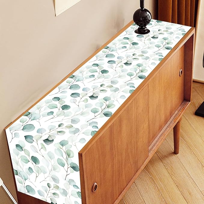 Green Eucalyptus Table Runner, Farmhouse Spring Summer Seasonal Plants Leaves Rustic Country Greenery Cafe Coffee Table Center Decor for Home Kitchen Dining Patio Indoor Outdoor, 13"x72" Inch