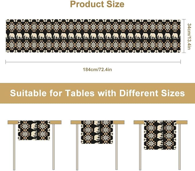 African Table Runner, African Art Elephants Geometric Tribal Ethnic Table Runner for Dining Kitchen Farmhouse Party Coffee Home 13x36in