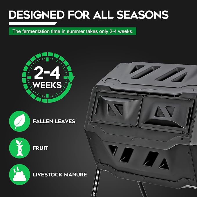 F2C Compost Bin Outdoor 43 Gallon Garden Dual Chamber Composter Bin - Bundled with Pearson's Gardening Gloves，BPA Free, Heavy-Duty Steel Frame, Rotating Tumbler with Sliding Doors | (Black)