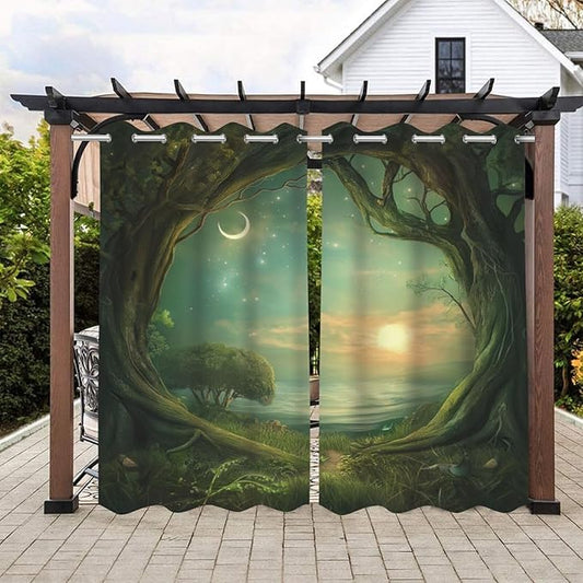 Forest Theme Waterproof Outdoor Curtains for Patio,Trees Moon Lake Pattern,Grommet Curtain for Bedroom, Porch, Living Room, Pergola, Cabana,2 Panels,W54 x L84,Green