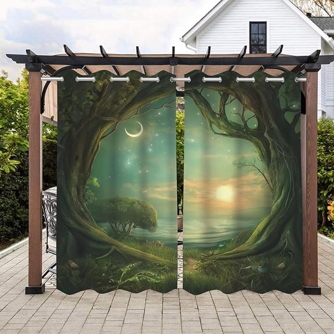 Forest Theme Waterproof Indoor/Outdoor Curtains,Trees Moon Lake Pattern,Privacy Curtains for Porch Pergola Arbor Lanai Pool House Outside Deck,2 Panel,W42 x L63,Green