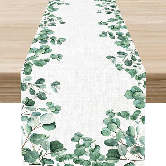 Farmhouse Table Runner, Green Eucalyptus Spring Summer Seasonal Plants Rustic Country Cafe Coffee Table Center Decor for Home Kitchen Dining Patio Indoor Outdoor Table Decorations, 13"x90" Inch