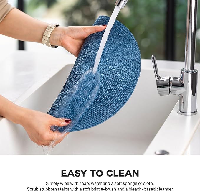 Round Placemats Set of 6 Plastic Woven Placemats Washable Wipeable Table Mats for Dining Table Heat Resistant Non-Slip Circle Place Mats (Royal Blue)