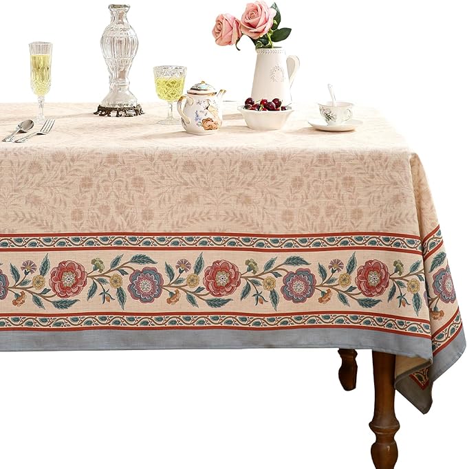 Beige Linen Rectangle Extra Long Tablecloth,Vintage Indian Style Soft and Colorfast Floral Tablecloths,Decor Table Cover for Kitchen,Dining,Thanksgiving,63"*110"-Flowershadow E