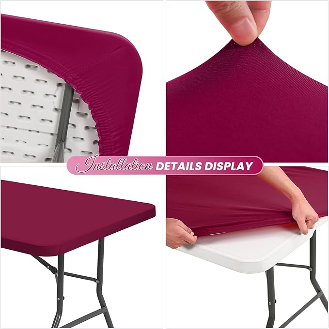 10 Pack Stretch Fabric Table Top Cap Cover, Wine Red Table Covers fits 8Ft Tables, Washable Elastic Universal Rectangle Tablecloth Protector for Indoor Outdoor Party Picnic Wedding (30" W x 96" L)