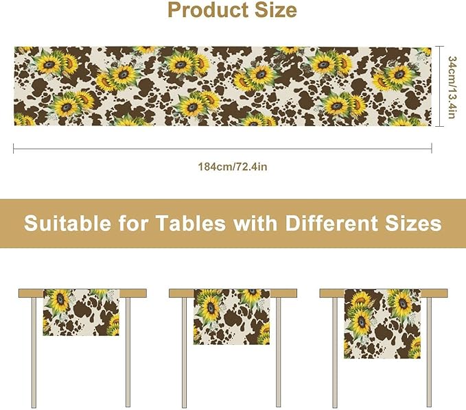 Cow Print Table Runner, Brown Sunflower Cow Print Animal Fur Skin Rustic Cowhide Pattern Table Runner for Kitchen Farmhouse Dining Home Outdoor 13x70in