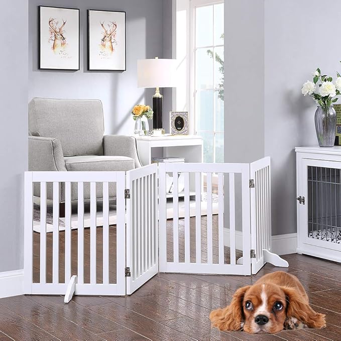 unipaws 24”H Free Standing Pet Gate for Dog Cat, Wooden Gates for Doorway, Stairs, Step Over Foldable Pet Fence for The House, Expandable Dog Barrier, Indoor Use, White
