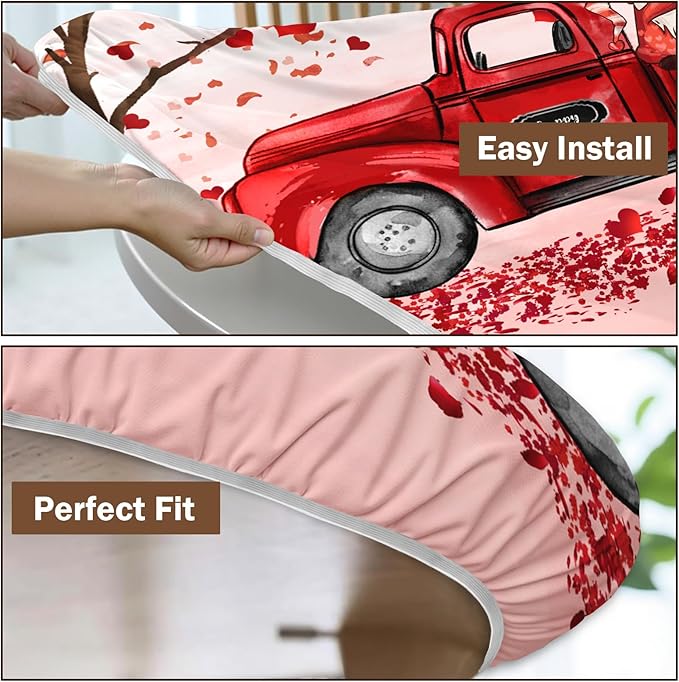Valentines Day Round Fitted Tablecloth with Elastic Pink Red Heart Circle Table Cloth for 48-52" Round Tables Wipeable Waterproof Washable Gnome Truck Valentine Table Cover for Dining Picnic Party