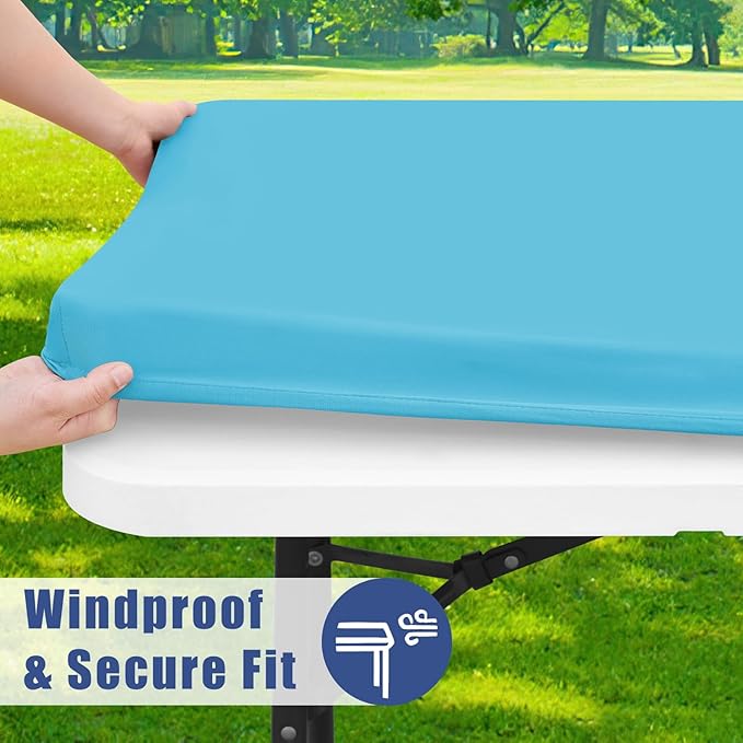 Spandex 8 Foot Rectangle Table Cloth 6 Pack, Elastic Fitted Tablecloths for Picnic, Stretch Washable Patio Table Cover for Outdoor, Camping, Banquet and Parties (Blue Mist, 30"x96")
