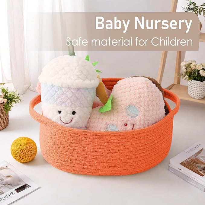 Woven Basket,Small Rope Storage Bin with Handles & Ribbon Bag, Organizer for Shelves Closets,Gift Basket Empty for Birthday,Books,Dog Toys,Orange