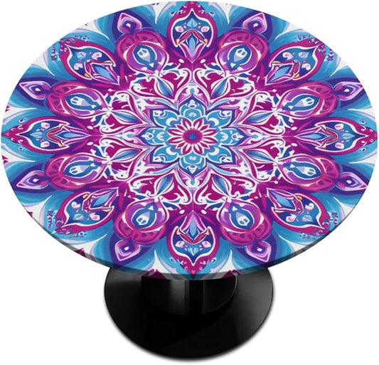 Mandala Vintage Flowers Round Table Cloth Cover, Elastic Edge Waterproof Wipeable Tablecloths 36"-42" Polyester Tablecloth for Party Restaurant Banquet Holiday Camping Outdoor Picnic