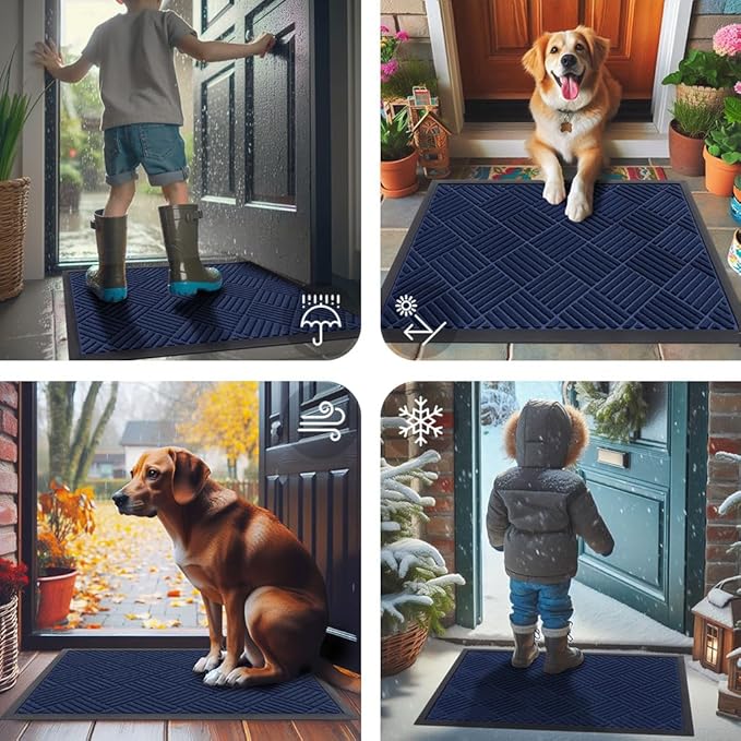 Smiry Front Door Mat Outside Entrance, Heavy Duty Outdoor Indoor Natural Rubber Doormat, Non Slip, Trap Dirt and Moisture, Easy Clean, Low Profile Patio Porch Entryway Mat, 35x23, Navy Blue