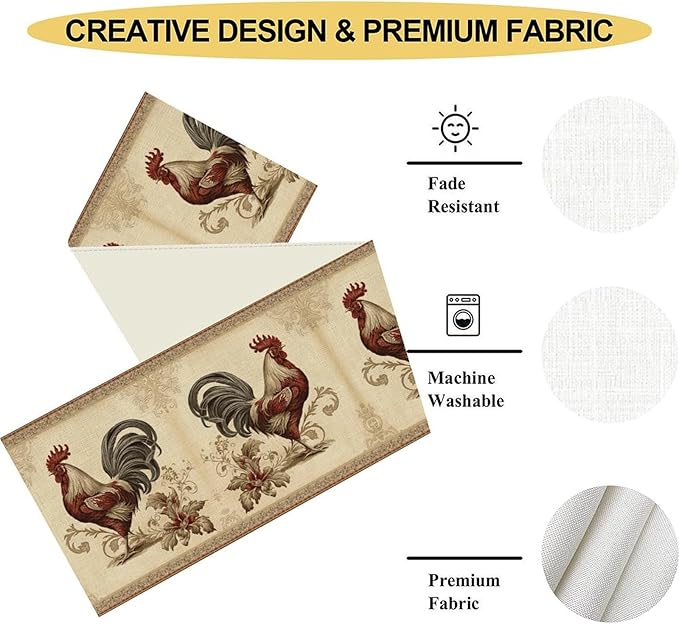 Farmhouse Rooster Table Runner, Vintage Rooster Retro Farmhouse Country Chicken Coffee Table Center Decor for Home Kitchen Dining Patio Holiday Party Indoor Outdoor Table Decorations 13"x90"