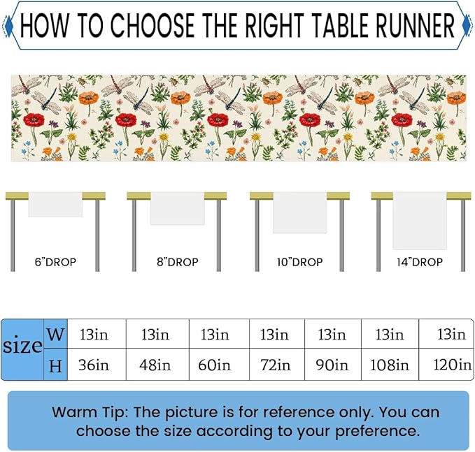 Flowers Dragonflies Table Runner Kitchen Dining Table Runner 13*90in Table Center Decor for Indoor Outdoor Home Holiday Party