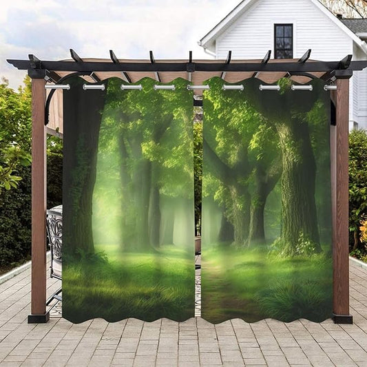 Forest Theme Waterproof Indoor/Outdoor Curtains,Dawn Trees Jungle Pattern,Weatherproof Outside Curtain for Cabana, Porch, Pergola and Gazebo,2 Panel,54 x 96 inch,Green