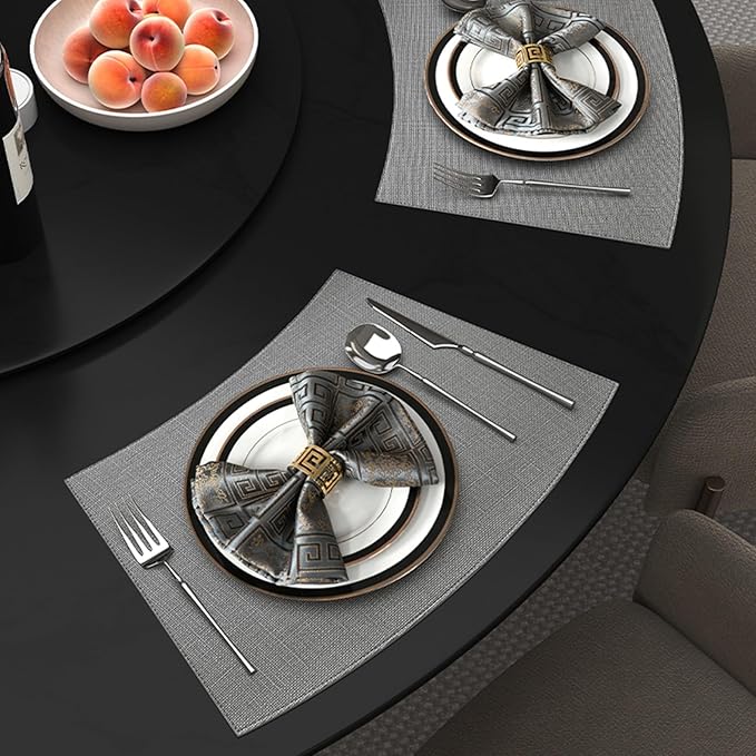 Faux Leather Placemats for Round Table, Waterproof Oil-Proof Wipeable Reversible Dining Table Place Mats Set of 6, Heat Resistant PU Table Mats for Dinner Party Table Decoration, Grey