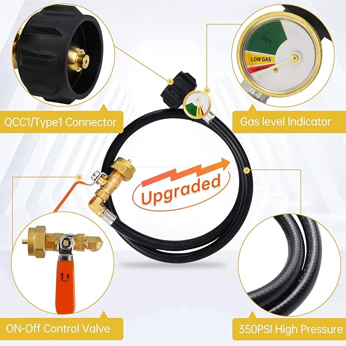 Propane Refill Adapter, 1 lb Tank, Brass, QCC1 Connector, 36 Inch Hose, 350 PSI, Silver, 1 Pack