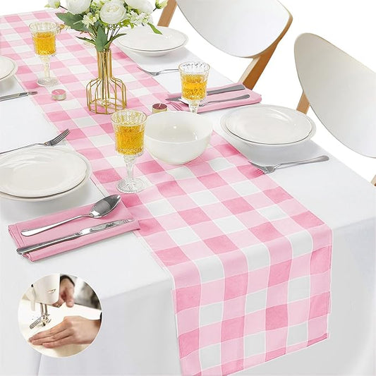 Fabric Checkered Table Runner 6 Pack Waterproof Gingham Table Runner 14W x 108L Buffalo Check Table Runners for Parties Kitchen Dining Wedding Banquet (Pink and White)