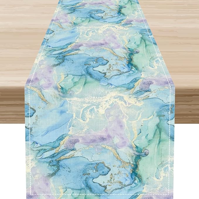 Summer Beach Table Runner, Blue Sea Coastal Nautical Marble Wave Ocean Table Runner Seasonal Holiday Home Kitchen Dining Table for Home Party Decor 13"x72"