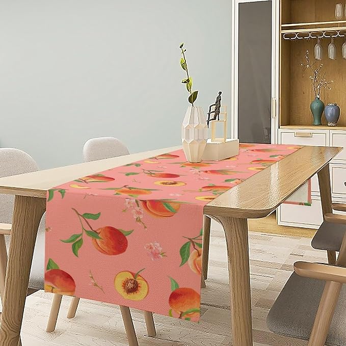 Pink Cute Peach Table Runner, Colorful Summer Fruit Floral Table Runner for Kitchen Dining Party Holiday Home 13x60in