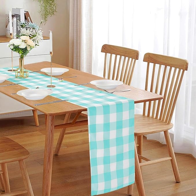 Fabric Checkered Table Runner 6 Pack Waterproof Gingham Table Runner 14W x 108L Buffalo Check Table Runners for Parties Kitchen Dining Wedding Banquet (Aqua and White)