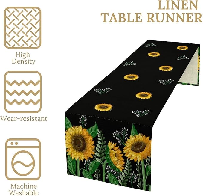 Sunflower Table Runner,Spring Summer Watercolor Floral Plants Leaves Print Table Runner for Kitchen Dining Table Home Holiday Party Indoor Outdoor Decor 13x36in
