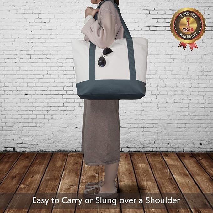 TOPDesign 6-Pack Canvas Tote Bags with an External Pocket, Reusable Grocery Shopping Bags, Top Zipper Closure, Daily Essentials (Grey/Natural)