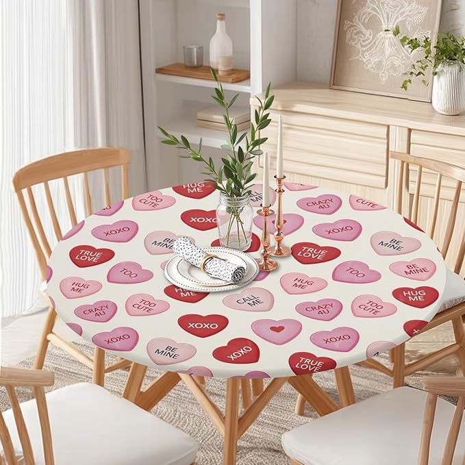 Valentines Day Round Fitted Tablecloth with Elastic Pink Red Love Hearts Circle Table Cloth for 48-52" Round Tables Wipeable Waterproof Valentines Decorative Table Cover for Picnic Dining Party Decor
